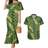 Green Aloha Hawaii Couples Matching Mermaid Dress and Hawaiian Shirt Hawaiian Kakau Ohia Lehua Lei - Polynesian Pride
