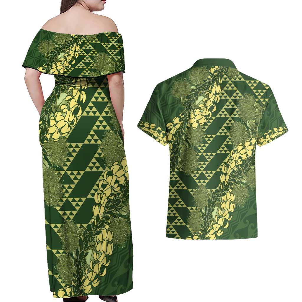 Green Aloha Hawaii Couples Matching Off Shoulder Maxi Dress and Hawaiian Shirt Hawaiian Kakau Ohia Lehua Lei - Polynesian Pride