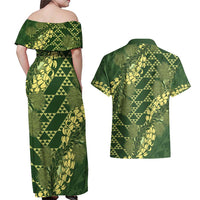 Green Aloha Hawaii Couples Matching Off Shoulder Maxi Dress and Hawaiian Shirt Hawaiian Kakau Ohia Lehua Lei - Polynesian Pride