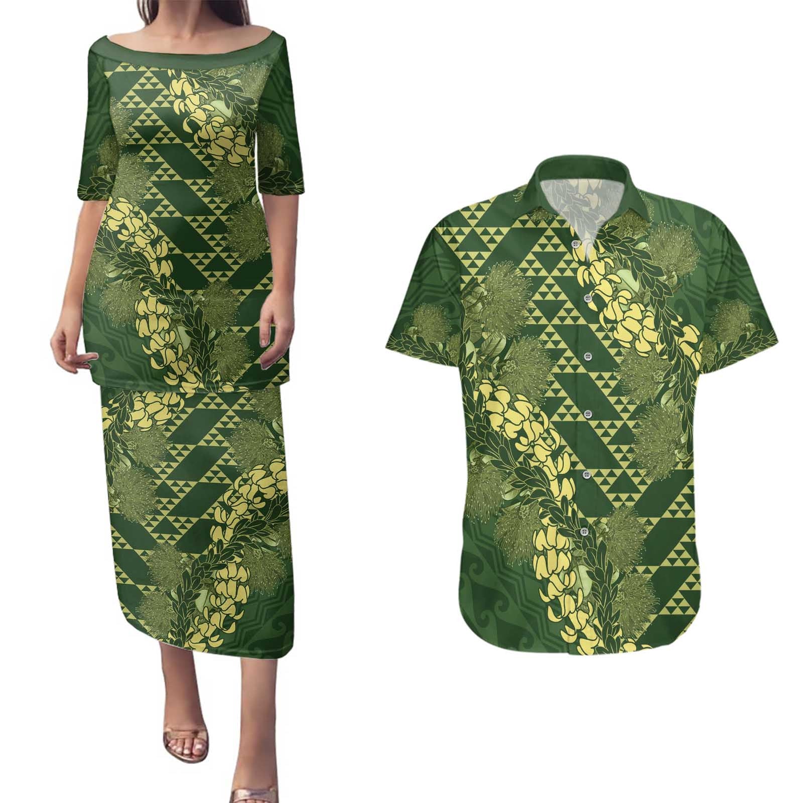Green Aloha Hawaii Couples Matching Puletasi and Hawaiian Shirt Hawaiian Kakau Ohia Lehua Lei - Polynesian Pride
