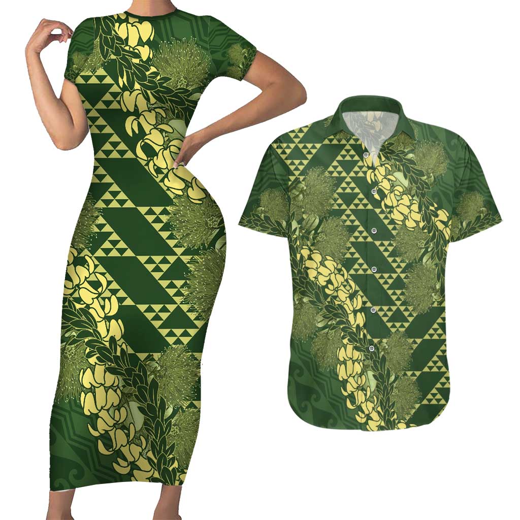 Green Aloha Hawaii Couples Matching Short Sleeve Bodycon Dress and Hawaiian Shirt Hawaiian Kakau Ohia Lehua Lei - Polynesian Pride