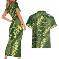 Green Aloha Hawaii Couples Matching Short Sleeve Bodycon Dress and Hawaiian Shirt Hawaiian Kakau Ohia Lehua Lei - Polynesian Pride
