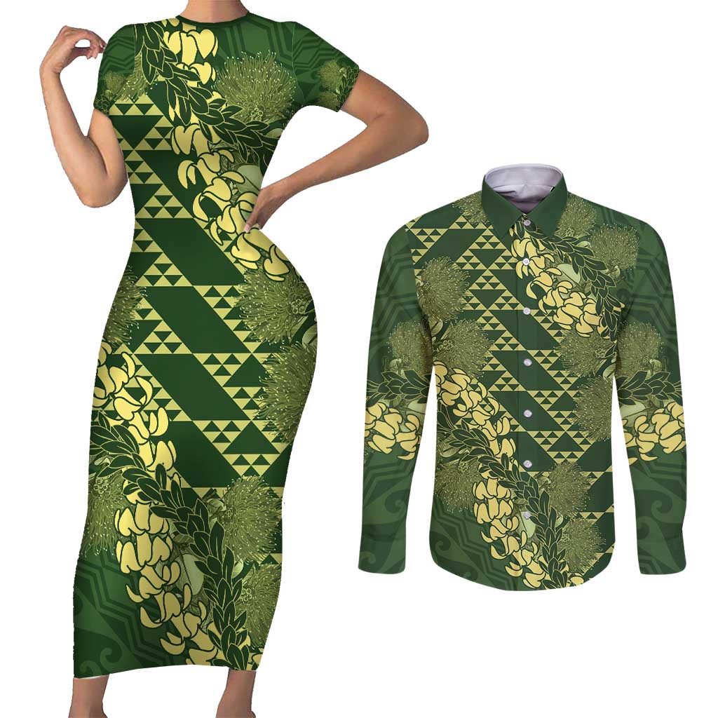 Green Aloha Hawaii Couples Matching Short Sleeve Bodycon Dress and Long Sleeve Button Shirt Hawaiian Kakau Ohia Lehua Lei - Polynesian Pride
