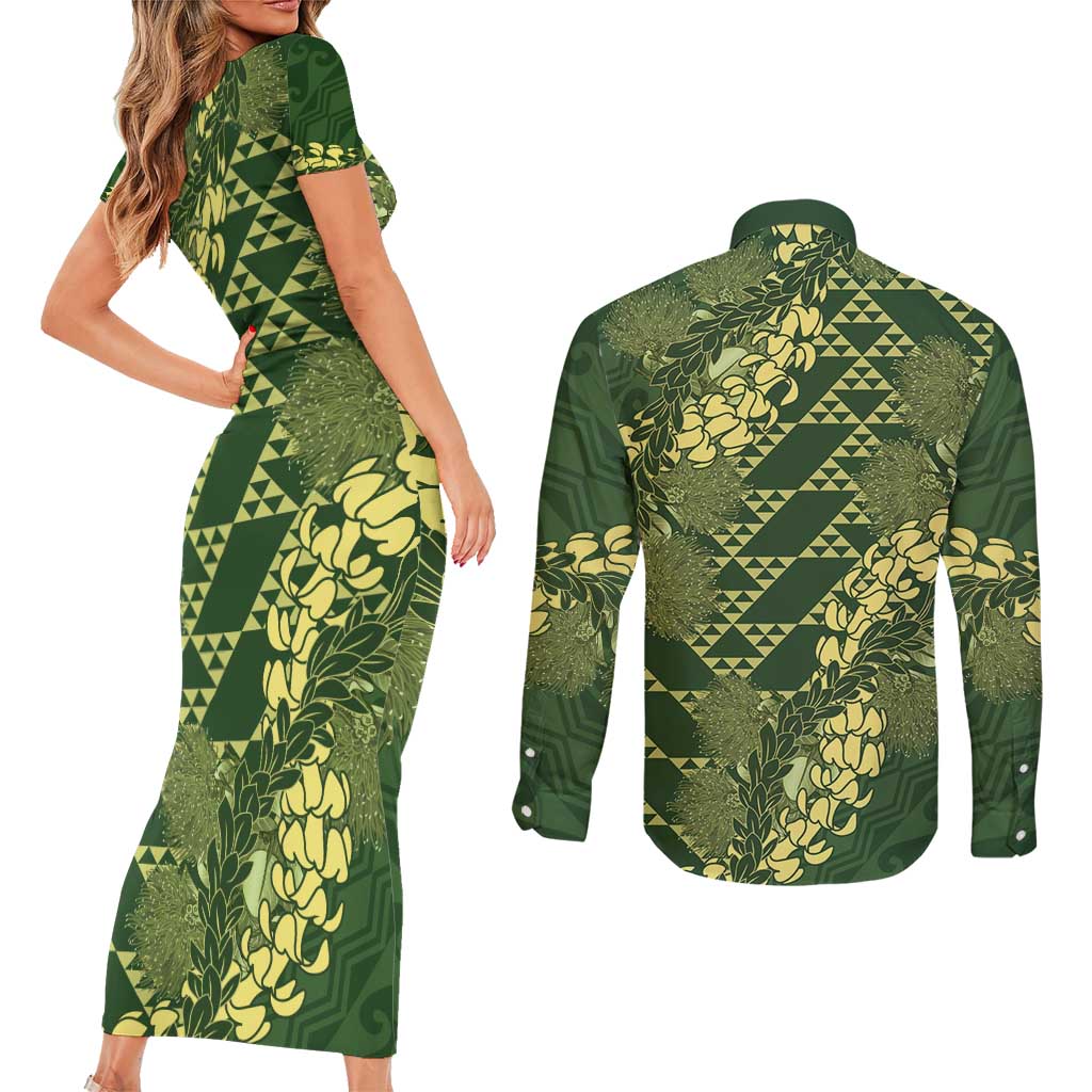 Green Aloha Hawaii Couples Matching Short Sleeve Bodycon Dress and Long Sleeve Button Shirt Hawaiian Kakau Ohia Lehua Lei - Polynesian Pride