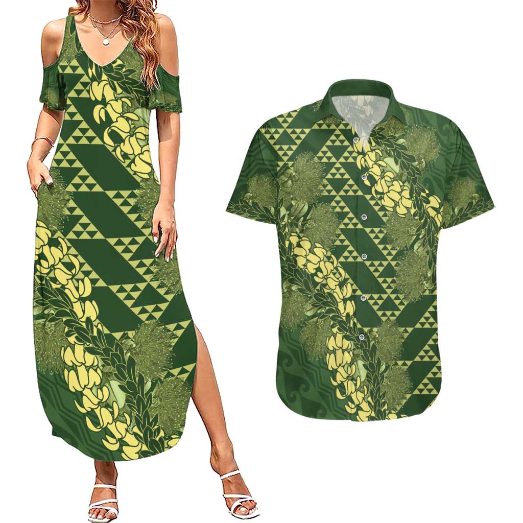 Green Aloha Hawaii Couples Matching Summer Maxi Dress and Hawaiian Shirt Hawaiian Kakau Ohia Lehua Lei - Polynesian Pride