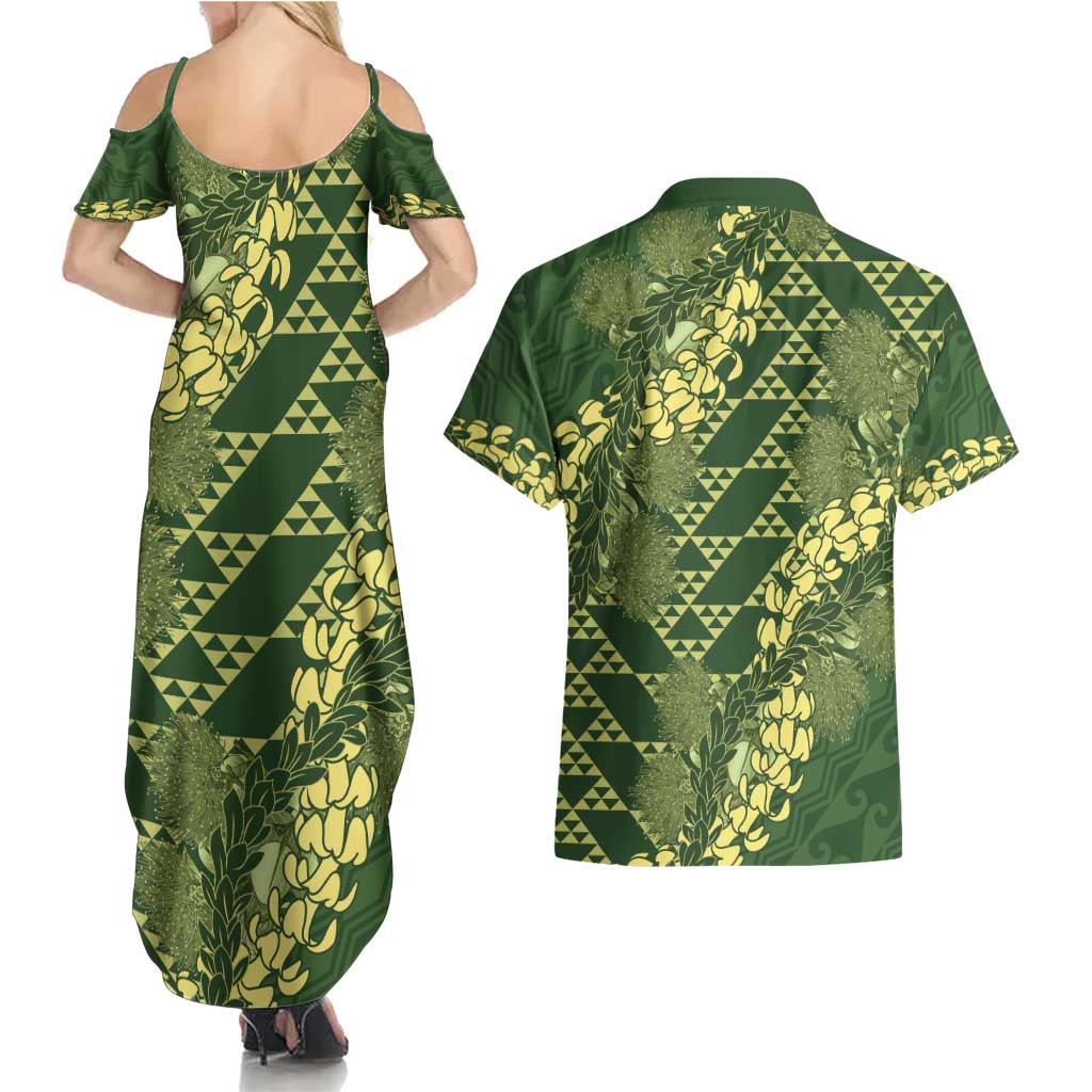 Green Aloha Hawaii Couples Matching Summer Maxi Dress and Hawaiian Shirt Hawaiian Kakau Ohia Lehua Lei - Polynesian Pride