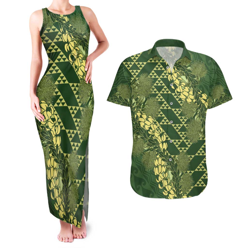Green Aloha Hawaii Couples Matching Tank Maxi Dress and Hawaiian Shirt Hawaiian Kakau Ohia Lehua Lei - Polynesian Pride