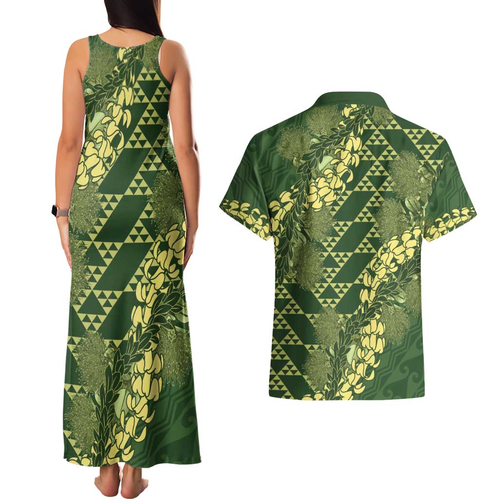 Green Aloha Hawaii Couples Matching Tank Maxi Dress and Hawaiian Shirt Hawaiian Kakau Ohia Lehua Lei - Polynesian Pride