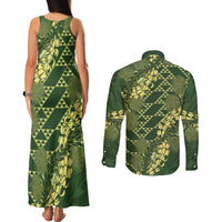 Green Aloha Hawaii Couples Matching Tank Maxi Dress and Long Sleeve Button Shirt Hawaiian Kakau Ohia Lehua Lei - Polynesian Pride