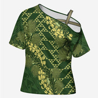Green Aloha Hawaii Cross Shoulder Shirt Hawaiian Kakau Ohia Lehua Lei - Polynesian Pride