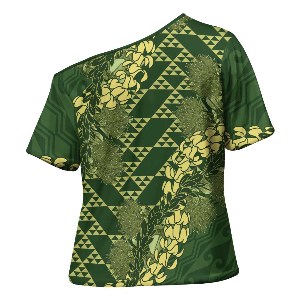 Green Aloha Hawaii Cross Shoulder Shirt Hawaiian Kakau Ohia Lehua Lei - Polynesian Pride