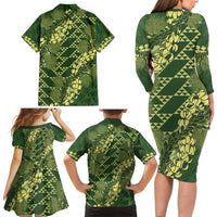 Green Aloha Hawaii Family Matching Long Sleeve Bodycon Dress and Hawaiian Shirt Hawaiian Kakau Ohia Lehua Lei - Polynesian Pride