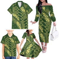 Green Aloha Hawaii Family Matching Off The Shoulder Long Sleeve Dress and Hawaiian Shirt Hawaiian Kakau Ohia Lehua Lei - Polynesian Pride