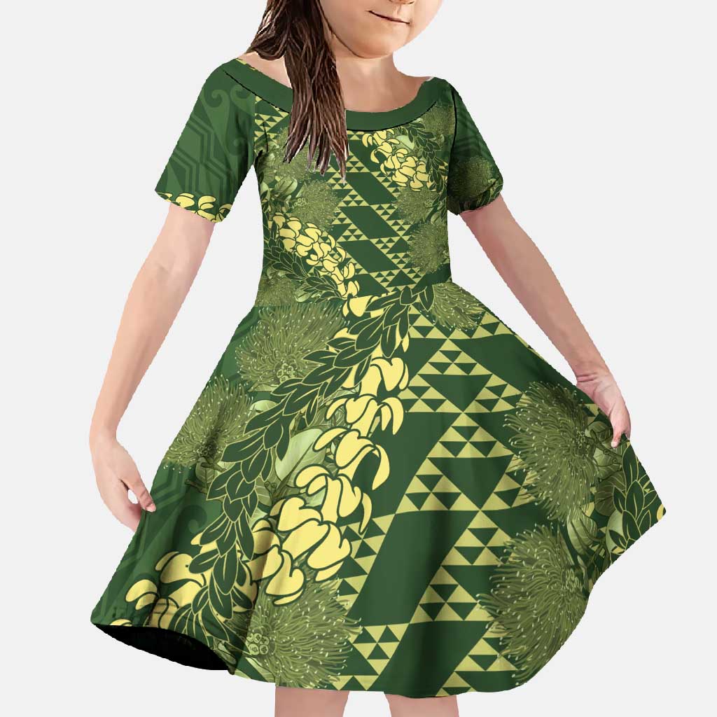 Green Aloha Hawaii Family Matching Off Shoulder Maxi Dress and Hawaiian Shirt Hawaiian Kakau Ohia Lehua Lei - Polynesian Pride