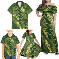 Green Aloha Hawaii Family Matching Off Shoulder Maxi Dress and Hawaiian Shirt Hawaiian Kakau Ohia Lehua Lei - Polynesian Pride