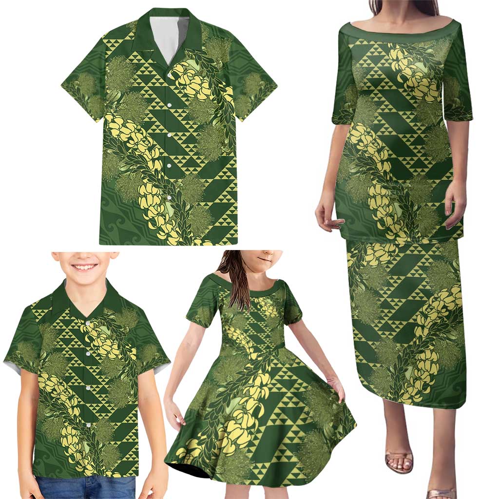 Green Aloha Hawaii Family Matching Puletasi and Hawaiian Shirt Hawaiian Kakau Ohia Lehua Lei - Polynesian Pride