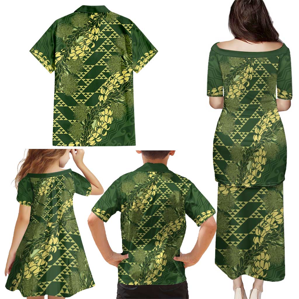 Green Aloha Hawaii Family Matching Puletasi and Hawaiian Shirt Hawaiian Kakau Ohia Lehua Lei - Polynesian Pride
