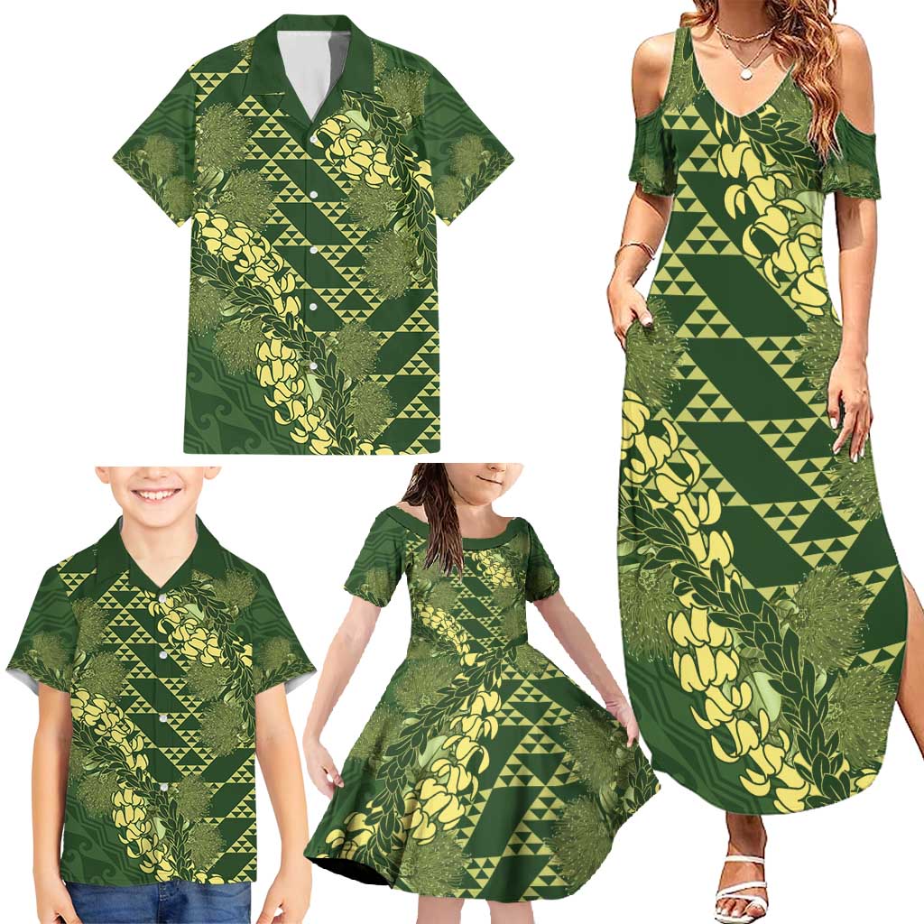 Green Aloha Hawaii Family Matching Summer Maxi Dress and Hawaiian Shirt Hawaiian Kakau Ohia Lehua Lei - Polynesian Pride