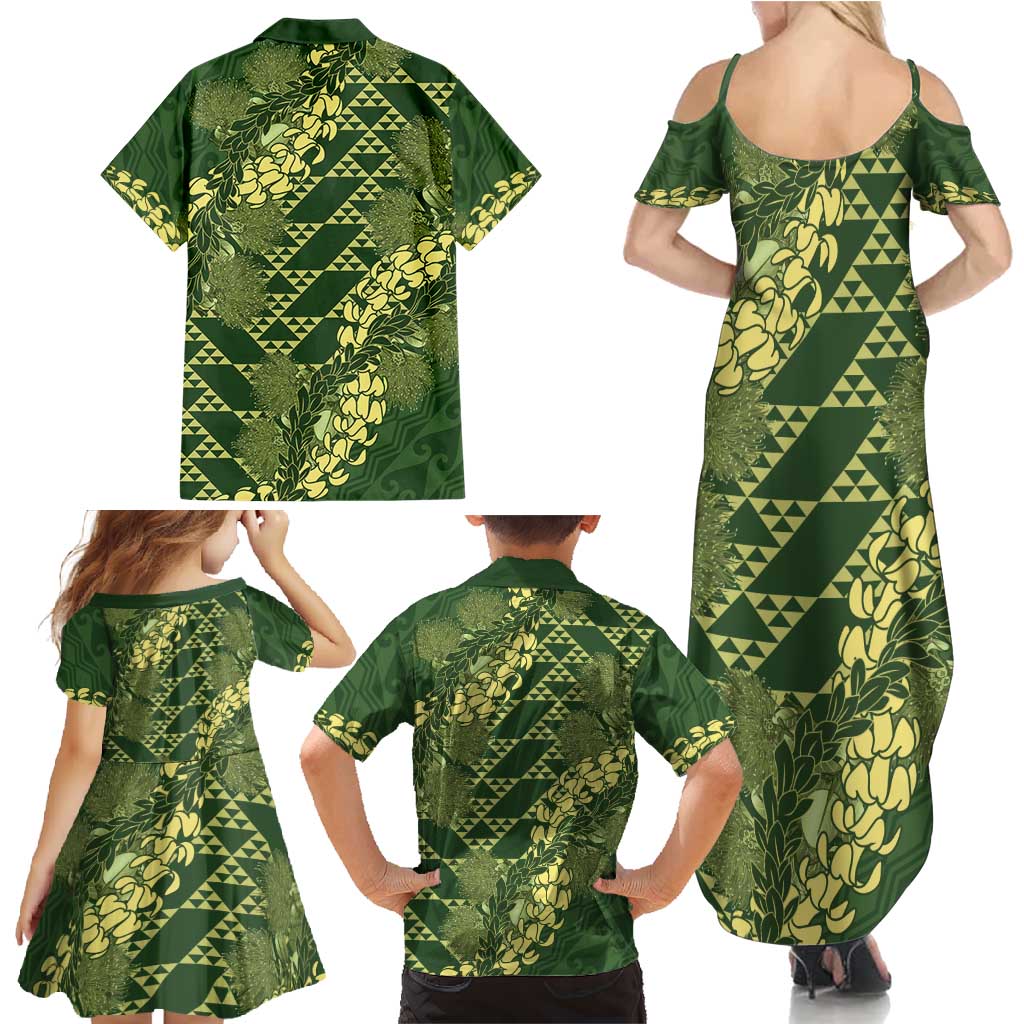 Green Aloha Hawaii Family Matching Summer Maxi Dress and Hawaiian Shirt Hawaiian Kakau Ohia Lehua Lei - Polynesian Pride