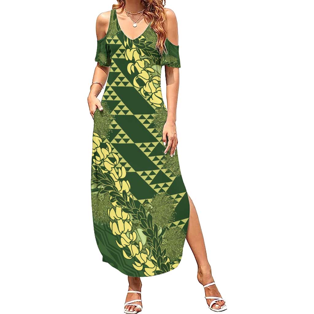 Green Aloha Hawaii Family Matching Summer Maxi Dress and Hawaiian Shirt Hawaiian Kakau Ohia Lehua Lei - Polynesian Pride