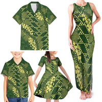 Green Aloha Hawaii Family Matching Tank Maxi Dress and Hawaiian Shirt Hawaiian Kakau Ohia Lehua Lei - Polynesian Pride