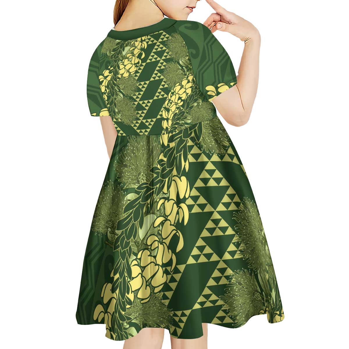 Green Aloha Hawaii Kid Short Sleeve Dress Hawaiian Kakau Ohia Lehua Lei - Polynesian Pride