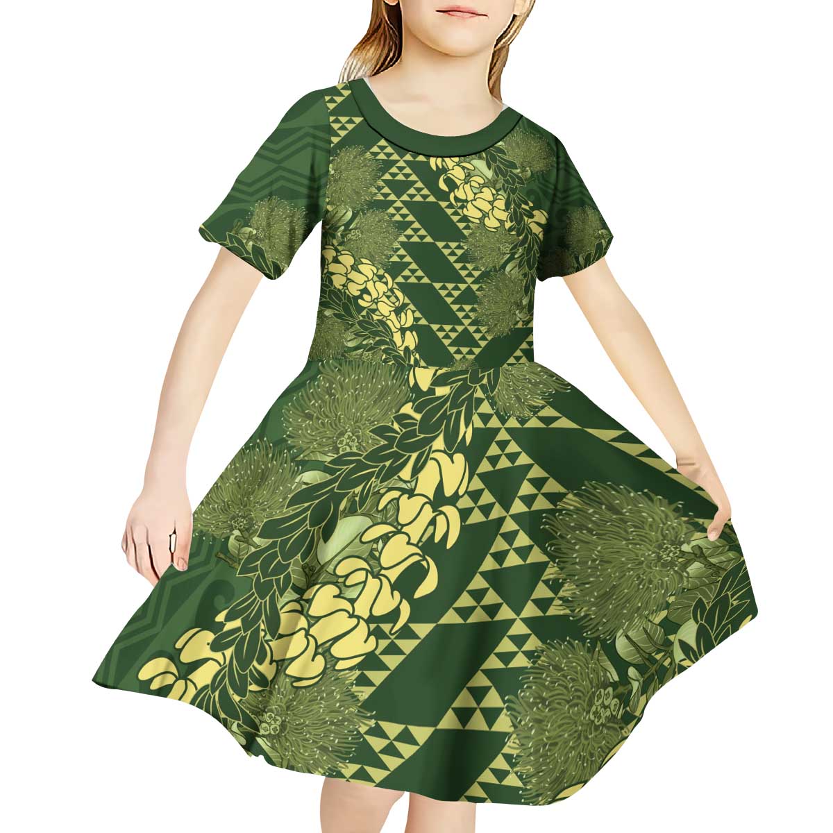 Green Aloha Hawaii Kid Short Sleeve Dress Hawaiian Kakau Ohia Lehua Lei - Polynesian Pride