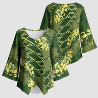 Green Aloha Hawaii Kimono Sleeve Blouse Hawaiian Kakau Ohia Lehua Lei - Polynesian Pride