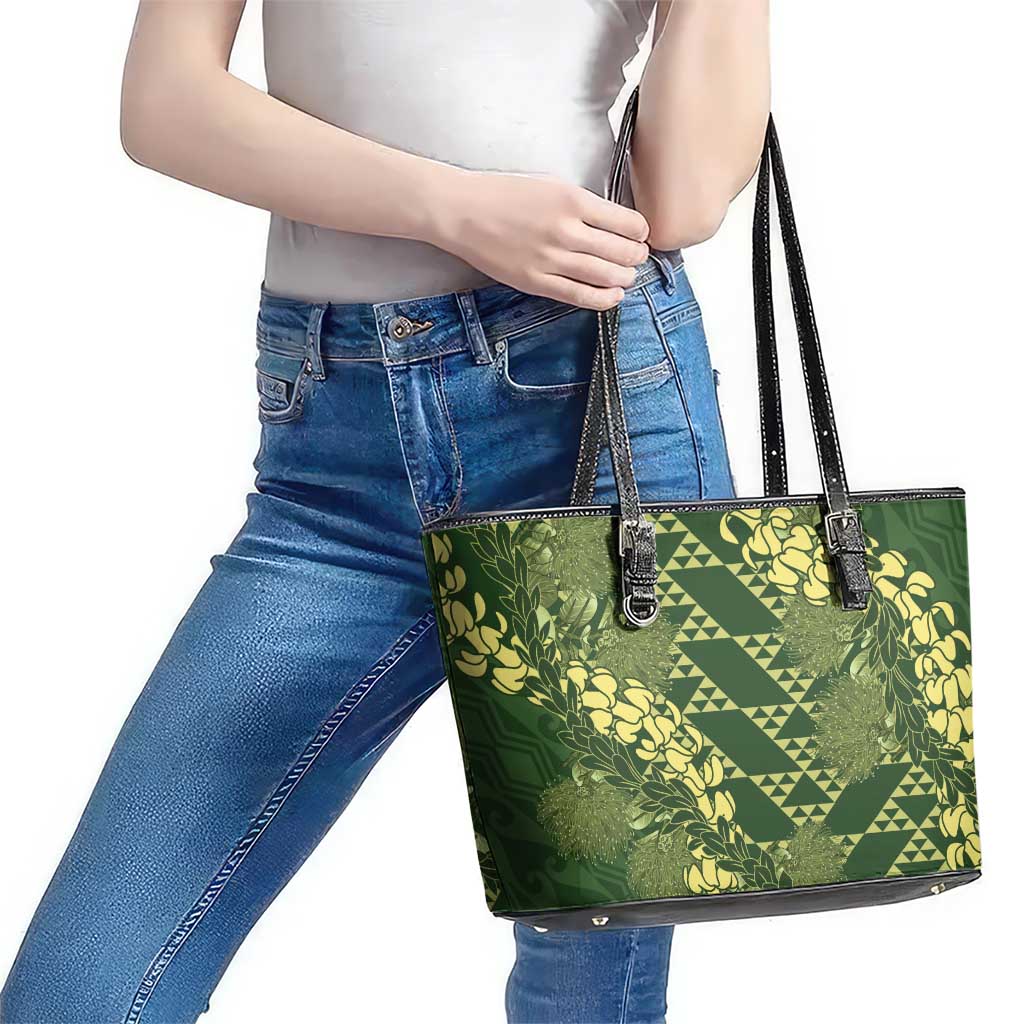 Green Aloha Hawaii Leather Tote Bag Hawaiian Kakau Ohia Lehua Lei - Polynesian Pride