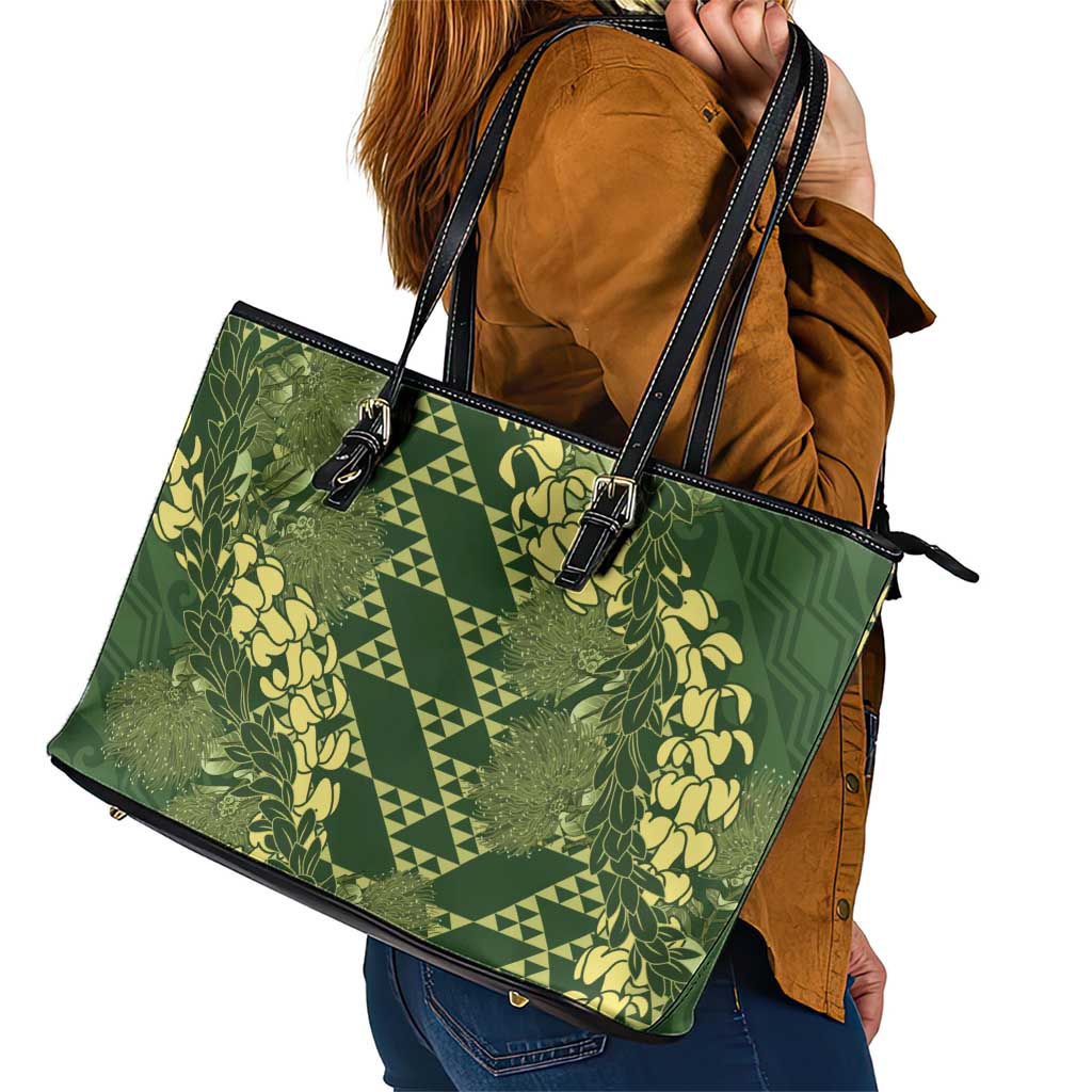 Green Aloha Hawaii Leather Tote Bag Hawaiian Kakau Ohia Lehua Lei - Polynesian Pride