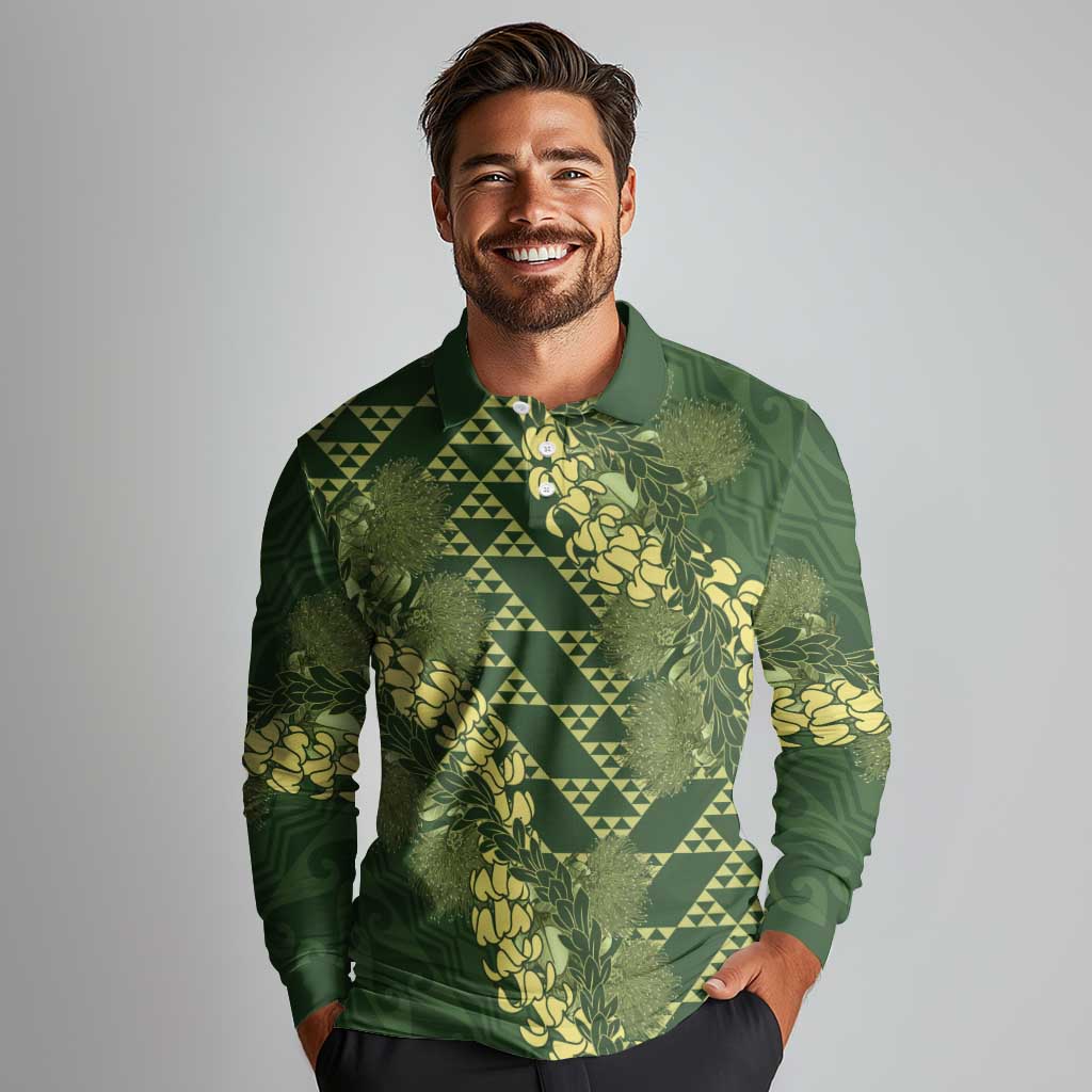 Green Aloha Hawaii Long Sleeve Polo Shirt Hawaiian Kakau Ohia Lehua Lei - Polynesian Pride