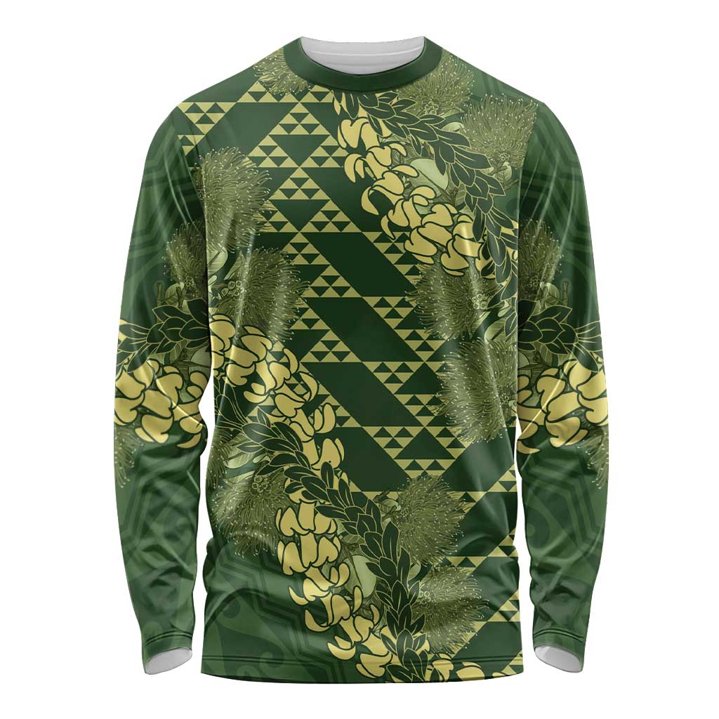 Green Aloha Hawaii Long Sleeve Shirt Hawaiian Kakau Ohia Lehua Lei - Polynesian Pride