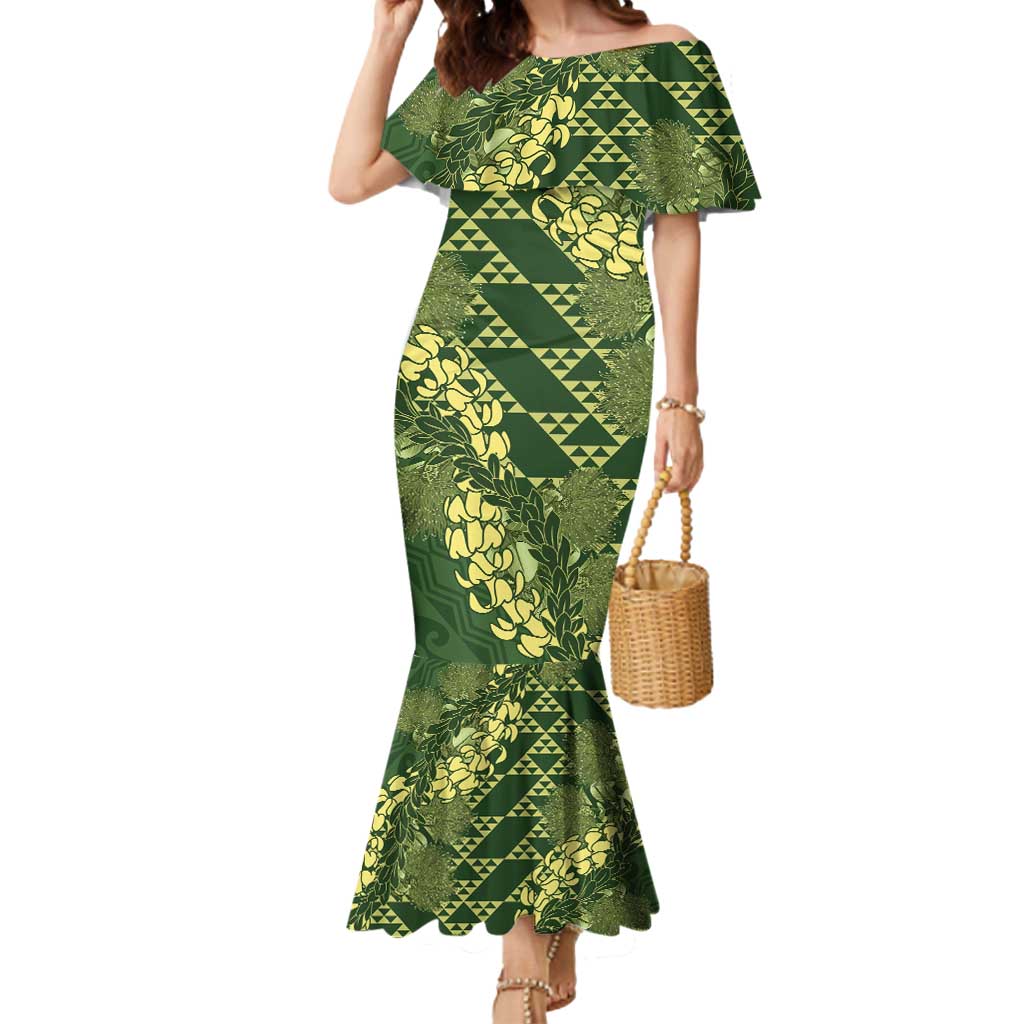 Green Aloha Hawaii Mermaid Dress Hawaiian Kakau Ohia Lehua Lei - Polynesian Pride