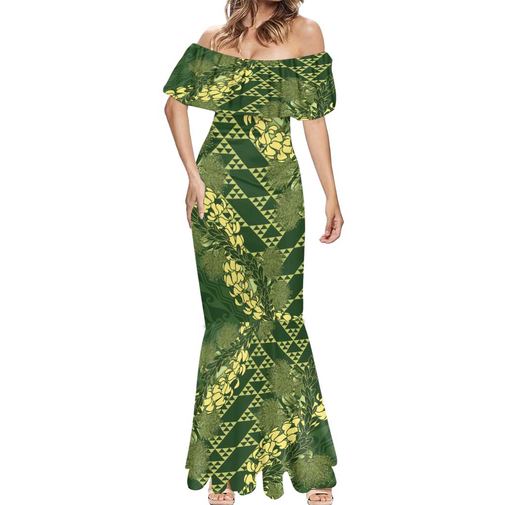Green Aloha Hawaii Mermaid Dress Hawaiian Kakau Ohia Lehua Lei - Polynesian Pride