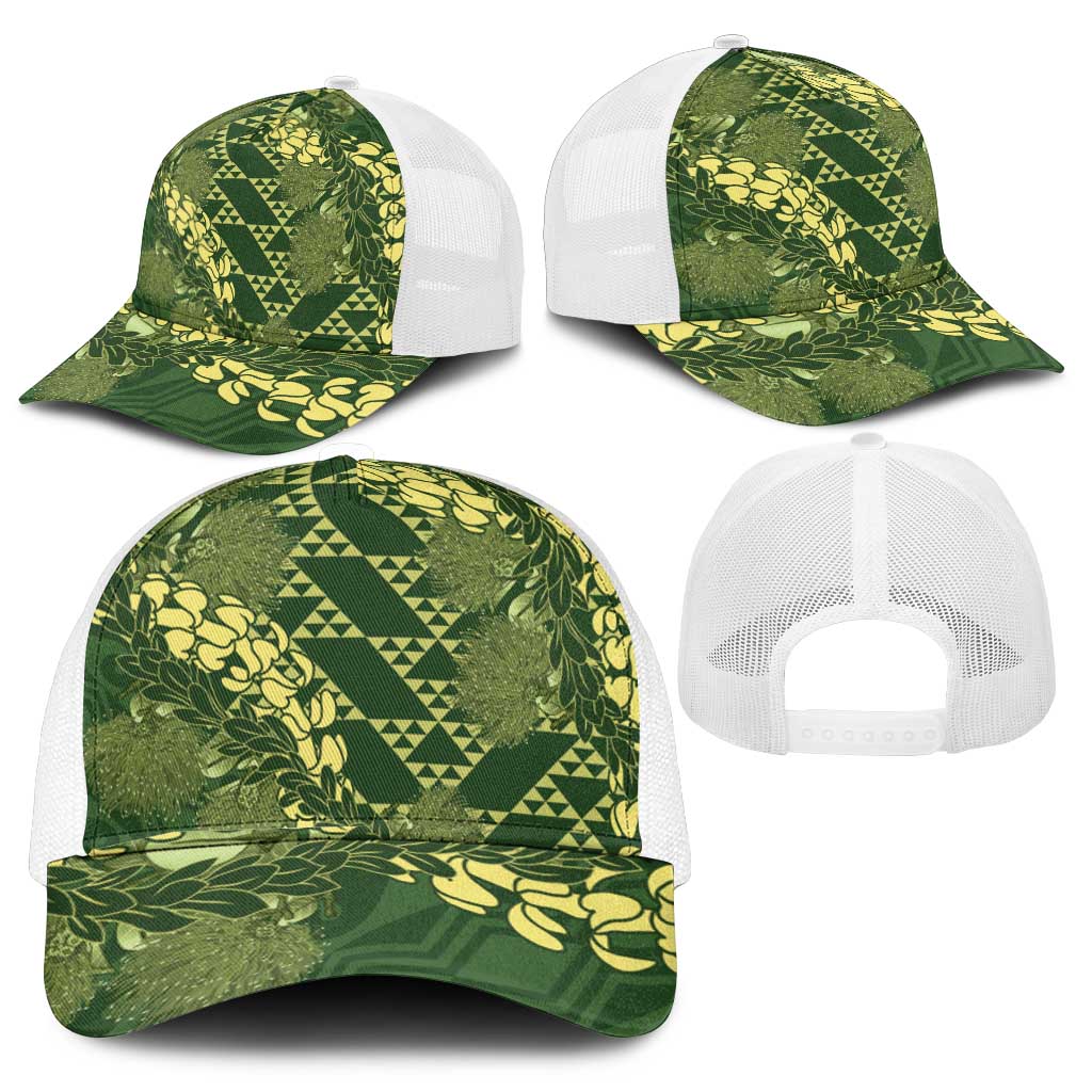 Green Aloha Hawaii Mesh Trucker Cap Hawaiian Kakau Ohia Lehua Lei - Polynesian Pride