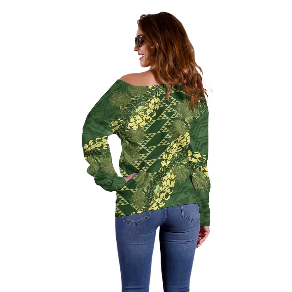Green Aloha Hawaii Off Shoulder Sweater Hawaiian Kakau Ohia Lehua Lei - Polynesian Pride
