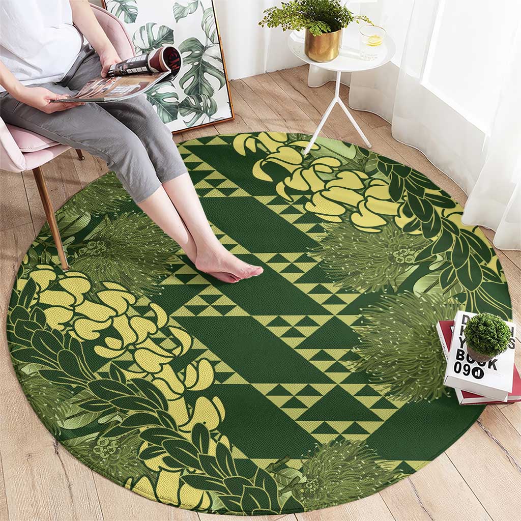 Green Aloha Hawaii Round Carpet Hawaiian Kakau Ohia Lehua Lei - Polynesian Pride