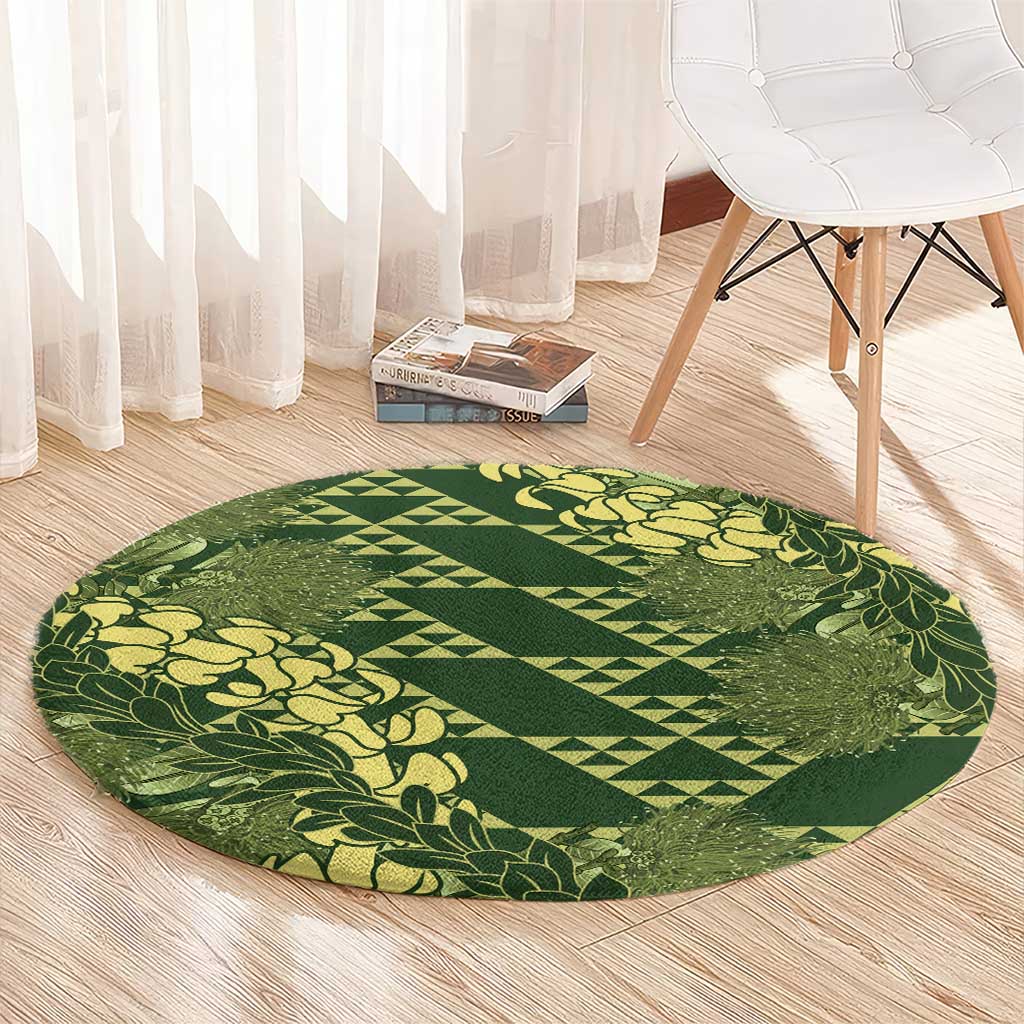 Green Aloha Hawaii Round Carpet Hawaiian Kakau Ohia Lehua Lei - Polynesian Pride