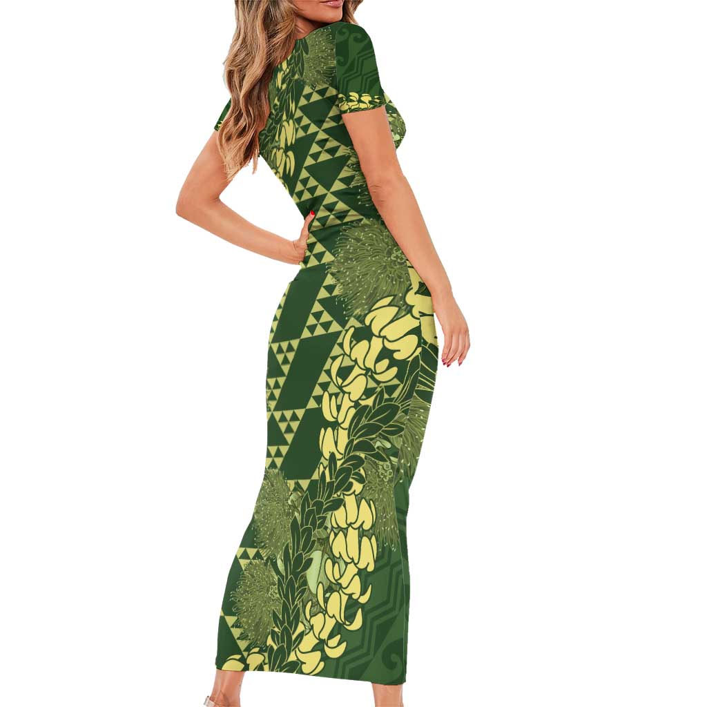 Green Aloha Hawaii Short Sleeve Bodycon Dress Hawaiian Kakau Ohia Lehua Lei - Polynesian Pride