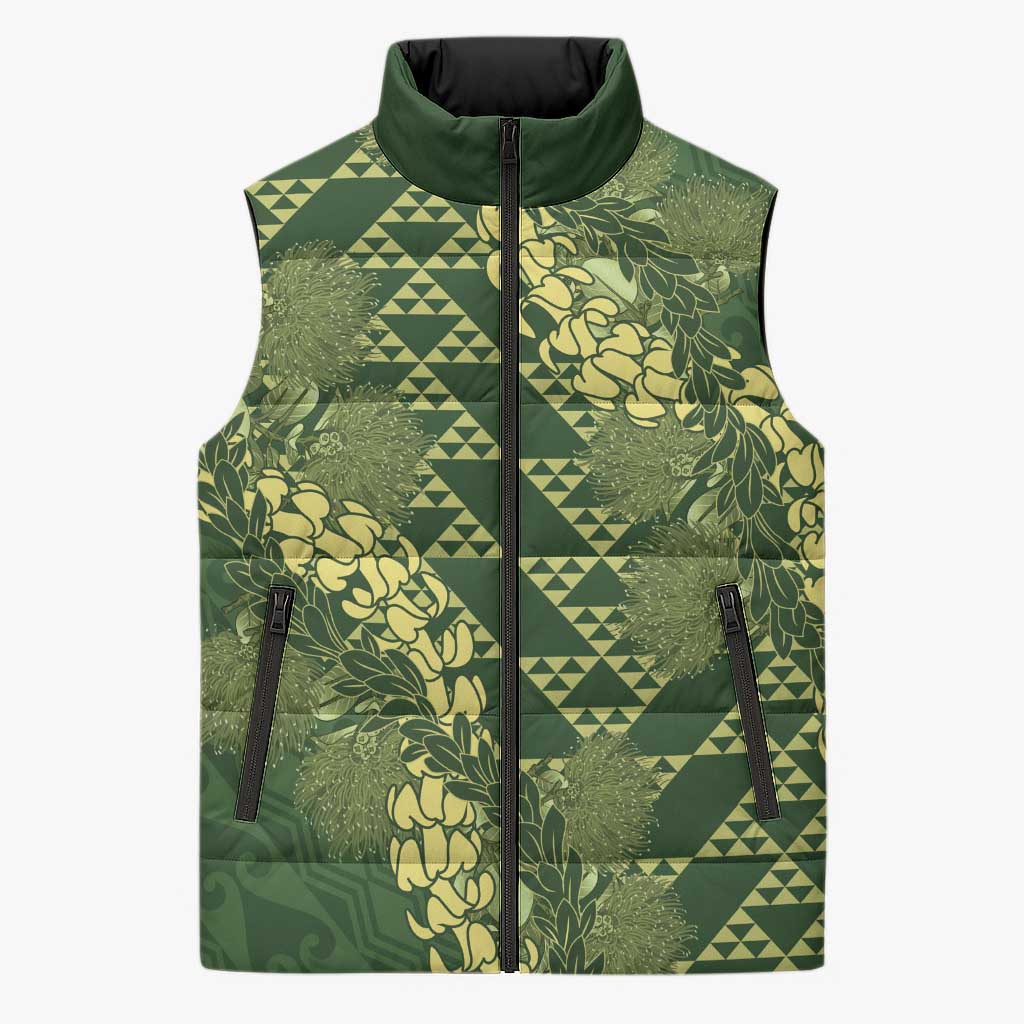 Green Aloha Hawaii Sleeveless Puffer Jacket Hawaiian Kakau Ohia Lehua Lei - Polynesian Pride