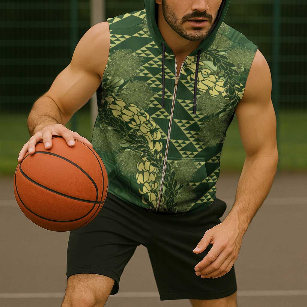 Green Aloha Hawaii Sleeveless Zip Hoodie Hawaiian Kakau Ohia Lehua Lei - Polynesian Pride