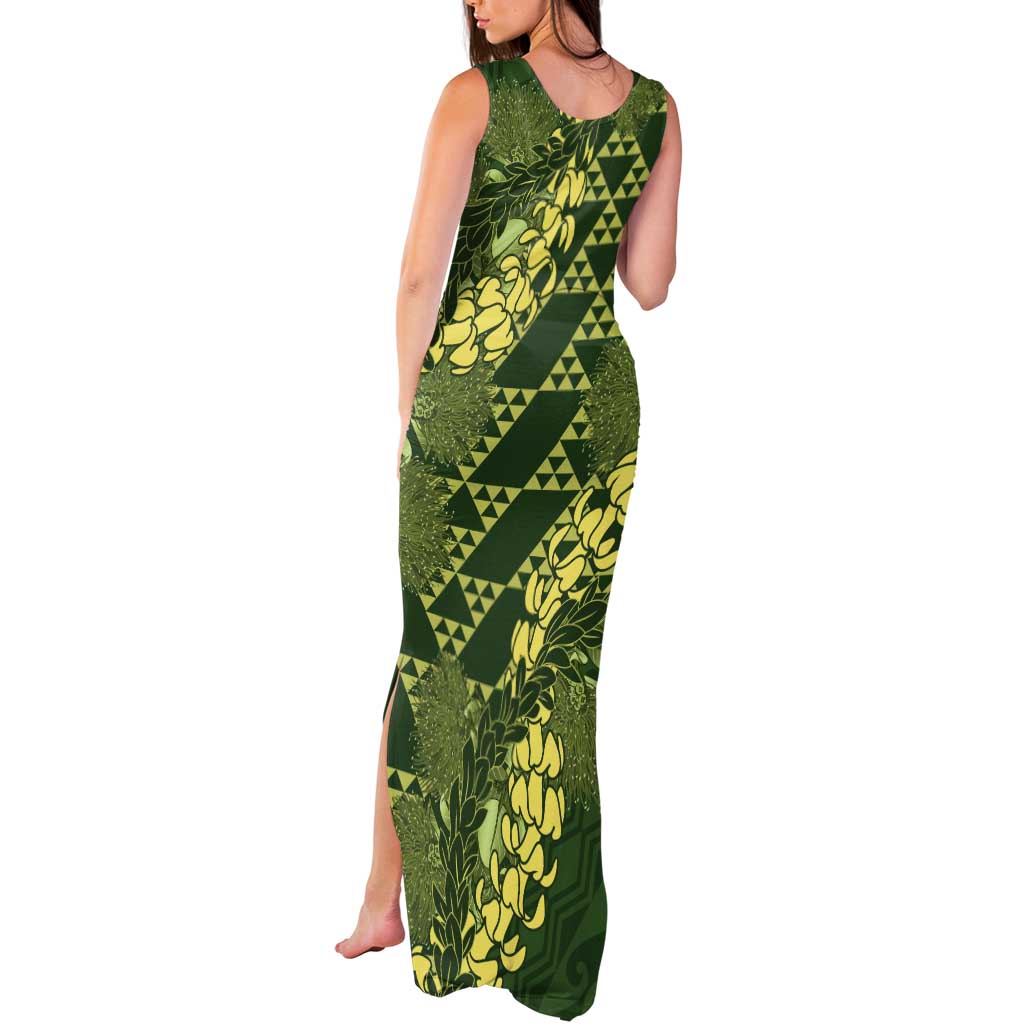Green Aloha Hawaii Tank Maxi Dress Hawaiian Kakau Ohia Lehua Lei - Polynesian Pride