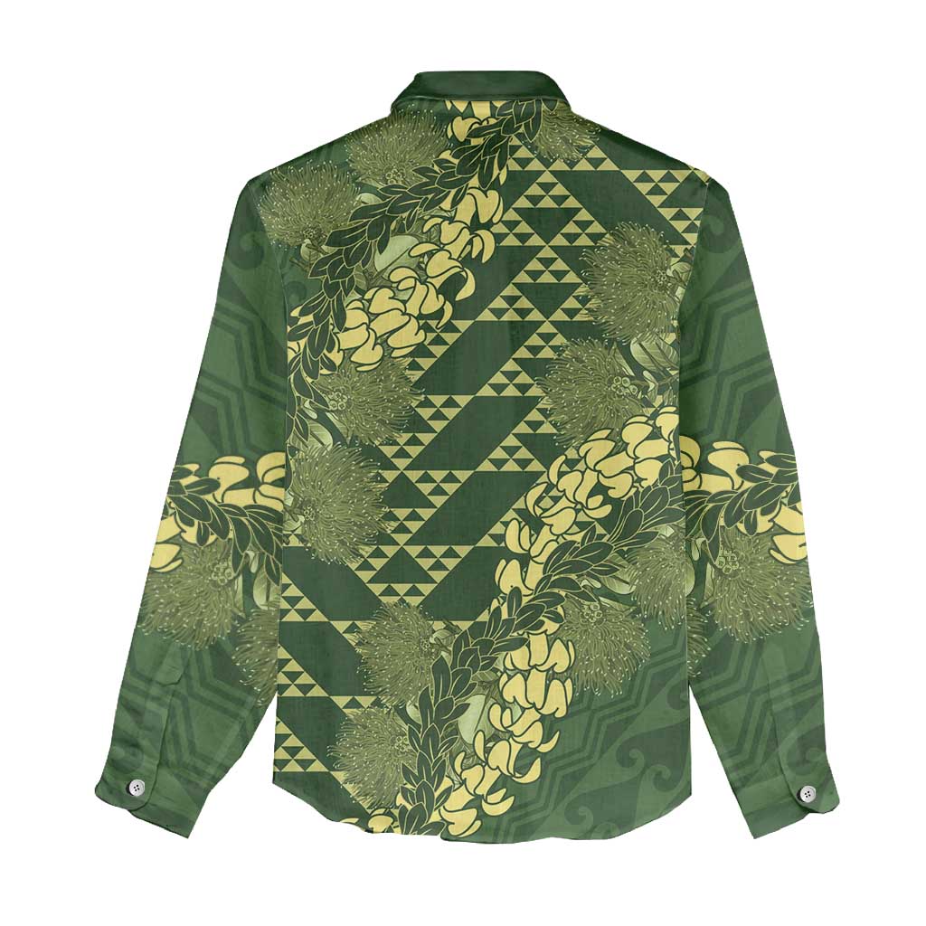 Green Aloha Hawaii Women Casual Shirt Hawaiian Kakau Ohia Lehua Lei - Polynesian Pride