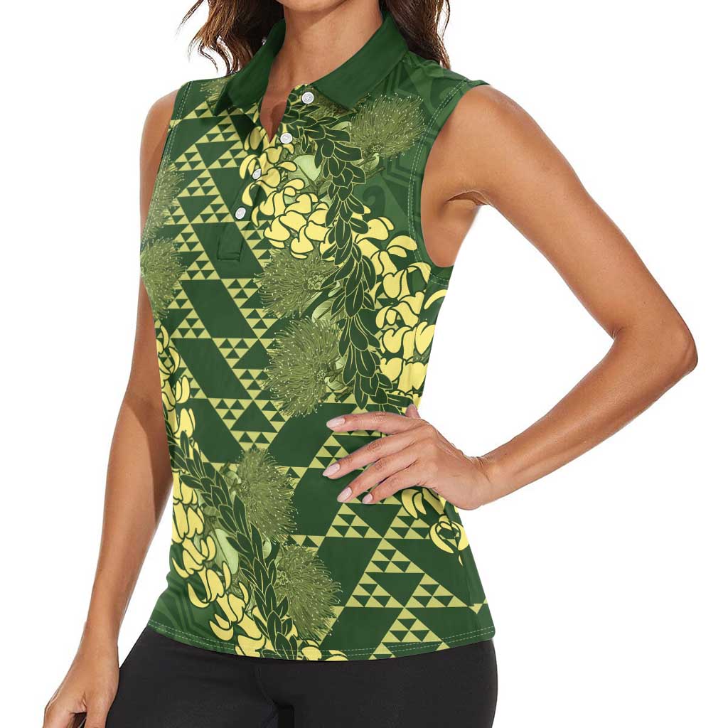 Green Aloha Hawaii Women Sleeveless Polo Shirt Hawaiian Kakau Ohia Lehua Lei - Polynesian Pride