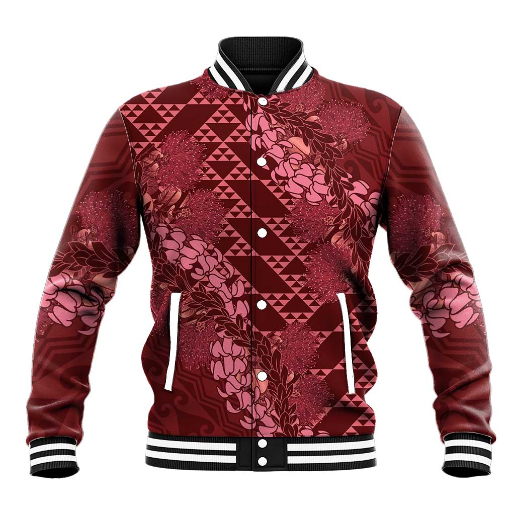 Maroon Aloha Hawaii Baseball Jacket Hawaiian Kakau Ohia Lehua Lei - Polynesian Pride