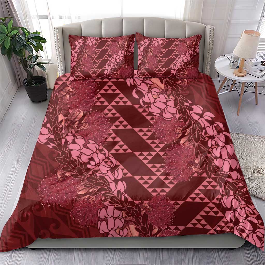 Maroon Aloha Hawaii Bedding Set Hawaiian Kakau Ohia Lehua Lei - Polynesian Pride