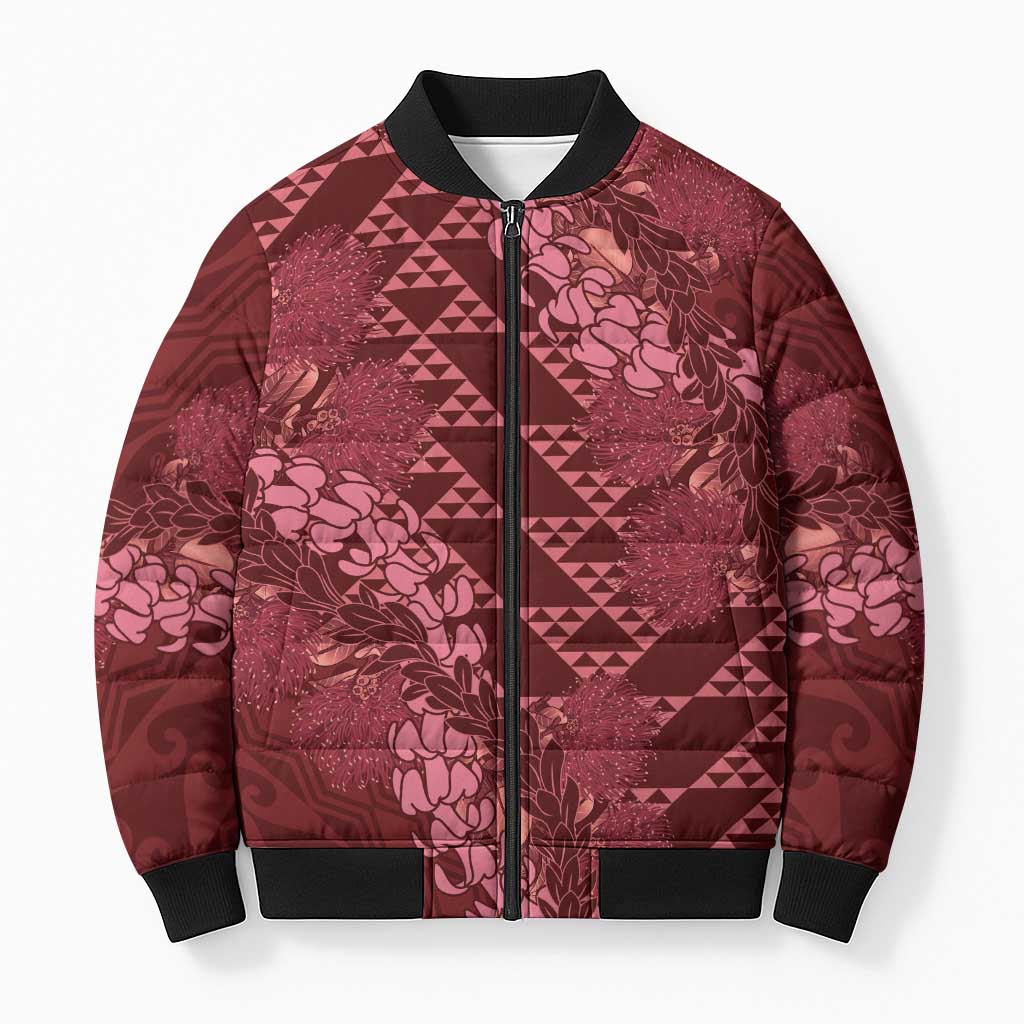 Maroon Aloha Hawaii Bomber Puffer Jacket Hawaiian Kakau Ohia Lehua Lei - Polynesian Pride