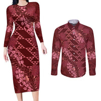 Maroon Aloha Hawaii Couples Matching Long Sleeve Bodycon Dress and Long Sleeve Button Shirt Hawaiian Kakau Ohia Lehua Lei - Polynesian Pride