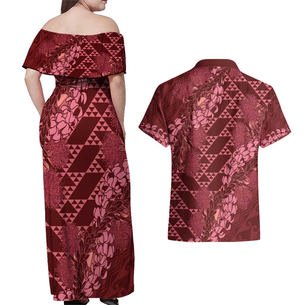 Maroon Aloha Hawaii Couples Matching Off Shoulder Maxi Dress and Hawaiian Shirt Hawaiian Kakau Ohia Lehua Lei - Polynesian Pride