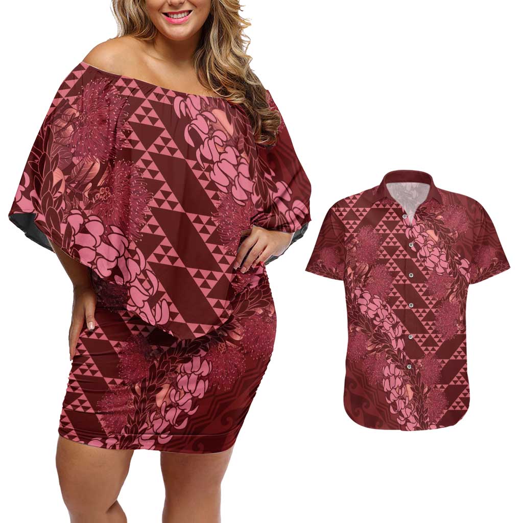 Maroon Aloha Hawaii Couples Matching Off Shoulder Short Dress and Hawaiian Shirt Hawaiian Kakau Ohia Lehua Lei - Polynesian Pride